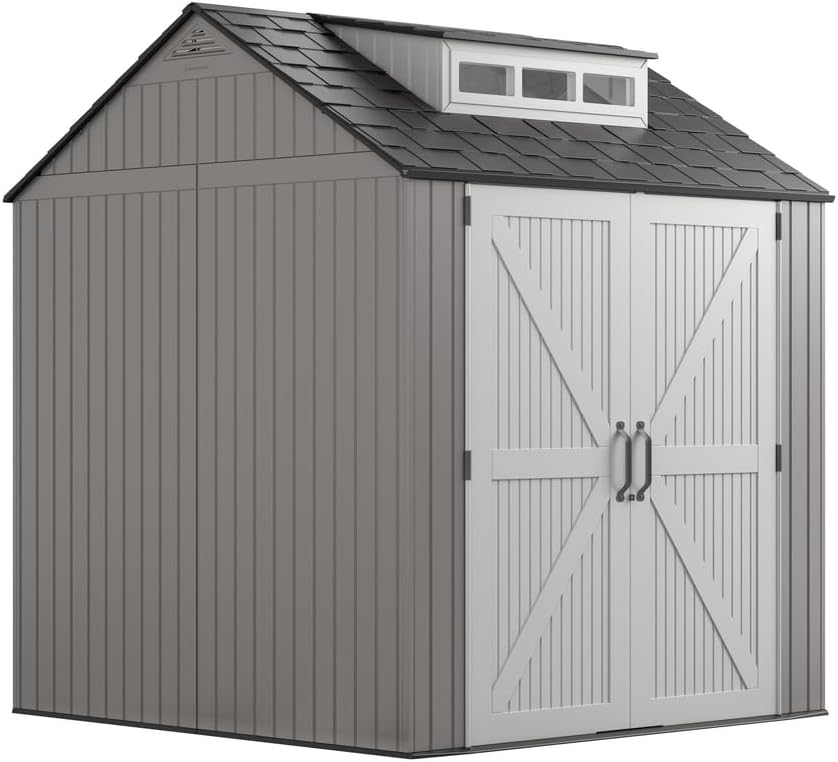 Rubbermaid Resin Outdoor Storage Shed With Floor (7 x 7 Ft), Weather Resistant, Gray, Organization for Home/Backyard/Garden Tools/Lawn Mower/Bike Storage/Pool Supplies