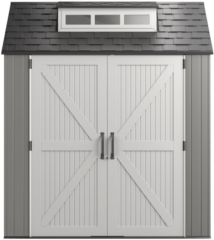 Rubbermaid Resin Outdoor Storage Shed With Floor (7 x 7 Ft), Weather Resistant, Gray, Organization for Home/Backyard/Garden Tools/Lawn Mower/Bike Storage/Pool Supplies