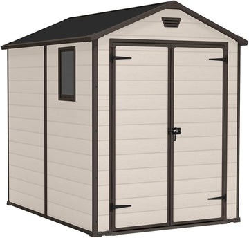 Keter Manor Outdoor Apex Double Door Garden Storage Shed 6 x 5ft Beige Brown Wood effect | 15 year Warranty