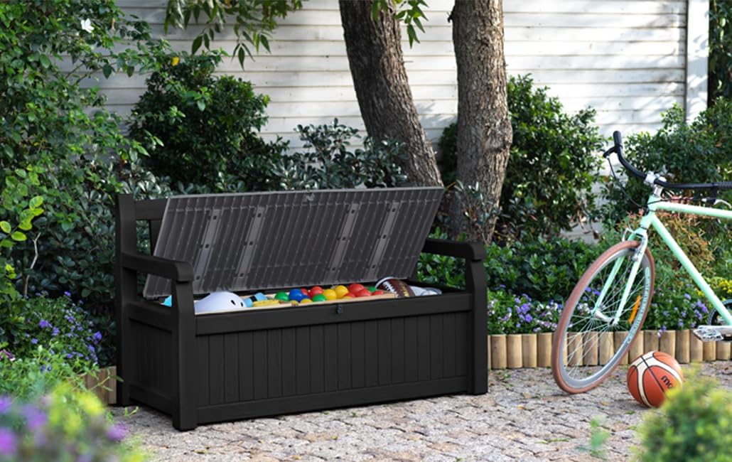 Keter Eden Bench 265L Outdoor 60% recycled Garden Furniture Storage Box Graphite & Light Grey | Fade Free | All Weather Resistant | Safe and Secure | Zero Maintenance | 2 year Warranty