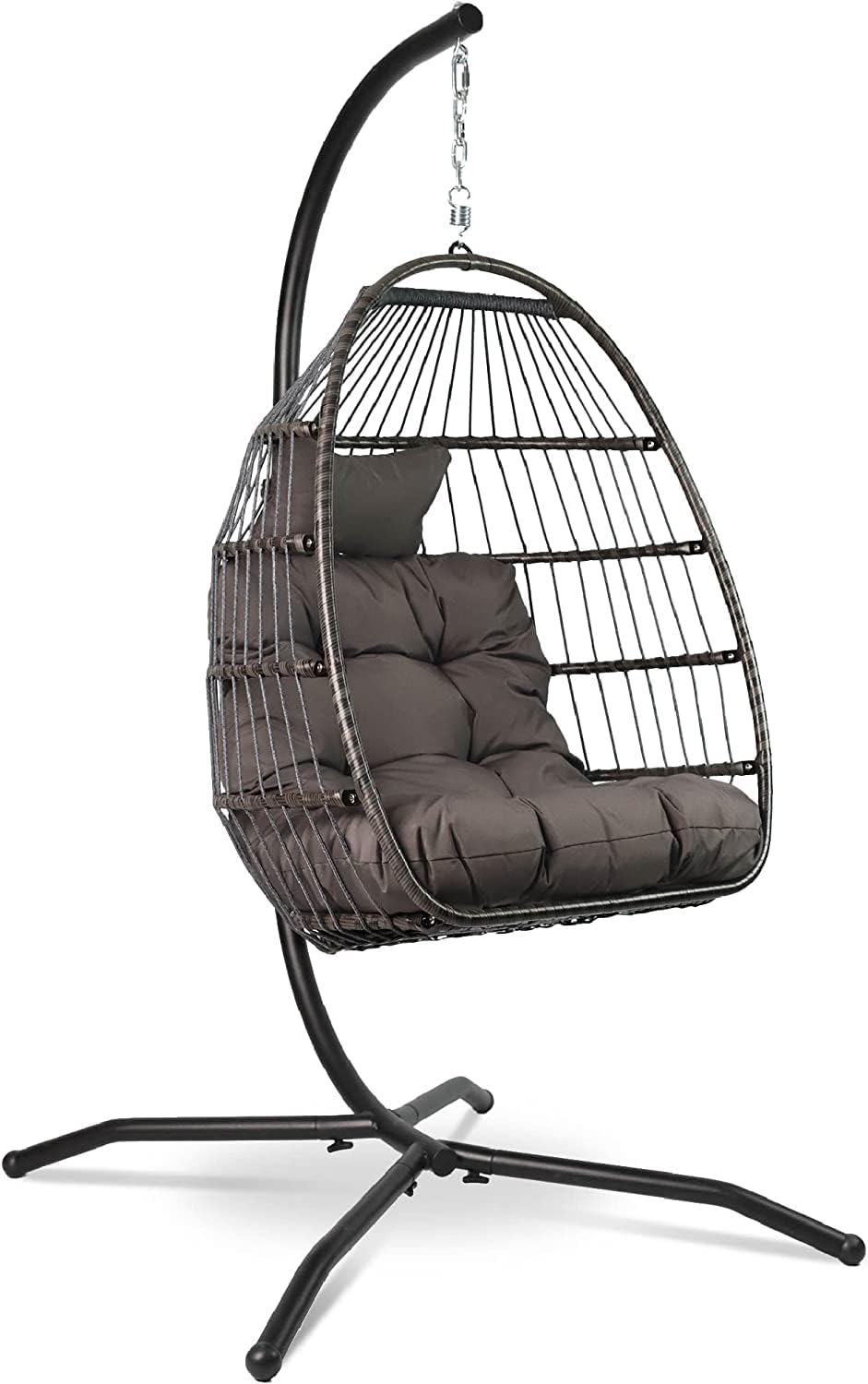 VITA5 Hanging Chair with Frame – Comfortable Hanging Basket Chair – Rattan Hanging Chair Outdoor and Indoor – Boho Egg Swing for Patio and Reading Corner – 150 kg Load Capacity – Dark Grey