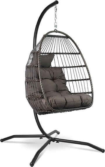 VITA5 Hanging Chair with Frame – Comfortable Hanging Basket Chair – Rattan Hanging Chair Outdoor and Indoor – Boho Egg Swing for Patio and Reading Corner – 150 kg Load Capacity – Dark Grey