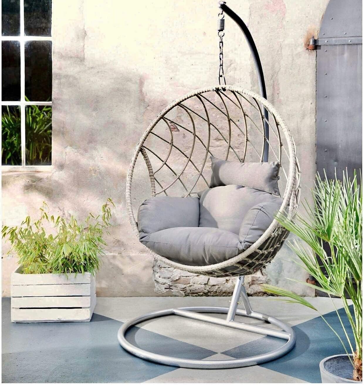 GardenCo Milan Hanging Egg Chair – Outdoor and Indoor Rattan Weave Swing Hammock – Hanging Stand (Grey)