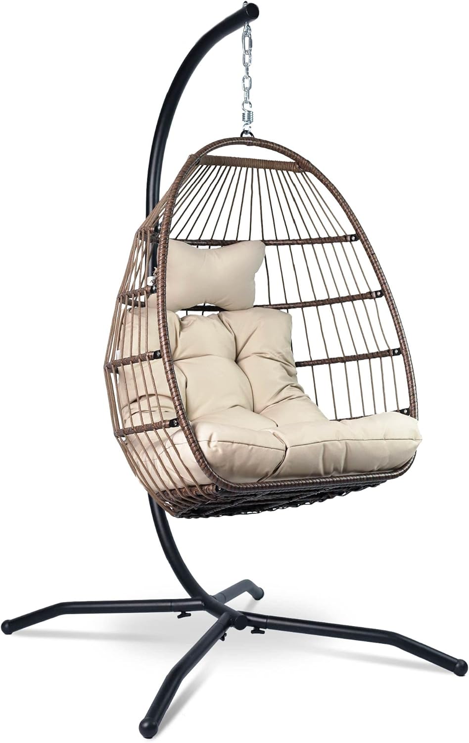 Vita5 Egg Chair with Frame – Egg Chair Outdoor Polyrattan with Cushion – Hanging Chair Outdoor and Indoor (for Adults and Children) – Foldable Hammock Chair – Maximum Load 150kg – Beige