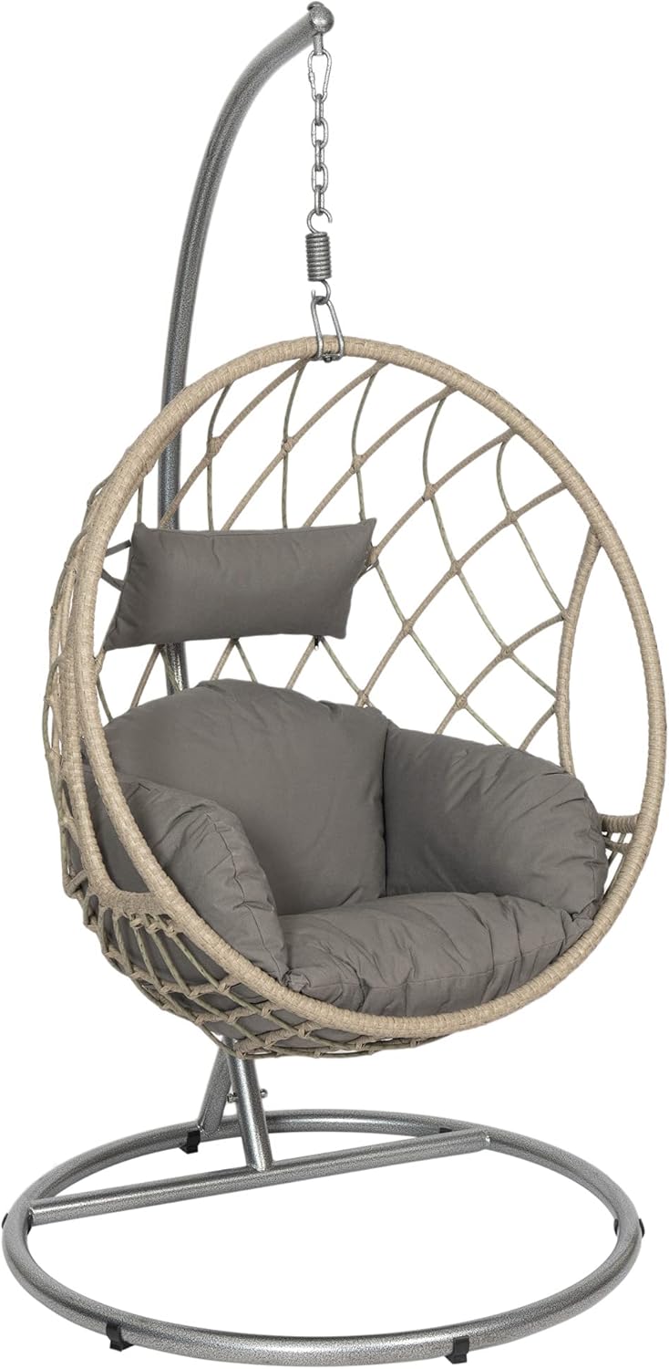 GardenCo Milan Hanging Egg Chair – Outdoor and Indoor Rattan Weave Swing Hammock – Hanging Stand (Grey)