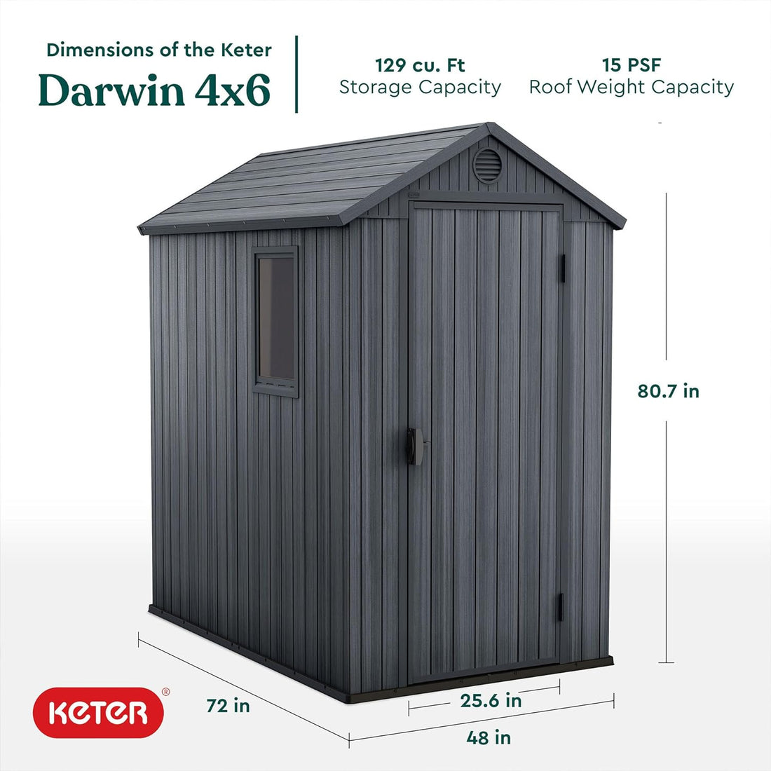 Keter Darwin Outdoor Apex Single Door Garden Storage Shed 6 x 4ft Grey Wood Look and Feel | Fade Free | All Weather Resistant | Safe and Secure | Zero Maintenance | 15 year Warranty