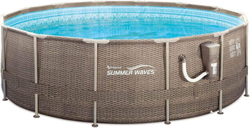 Summer Waves P20014482 14ft x 48in Outdoor Round Frame Above Ground Swimming Pool Set with Skimmer Filter Pump, Filter Cartridge, and Ladder, Brown