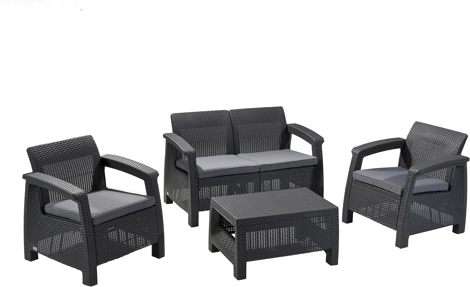 Keter GF06784 Corfu Outdoor 4 Seater Rattan Sofa Furniture Set with Accent Table – Graphite with Cream/Mushroom Cushions