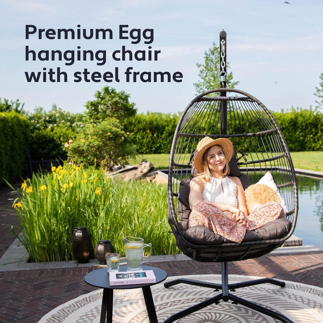 VITA5 Hanging Chair with Frame – Comfortable Hanging Basket Chair – Rattan Hanging Chair Outdoor and Indoor – Boho Egg Swing for Patio and Reading Corner – 150 kg Load Capacity – Dark Grey