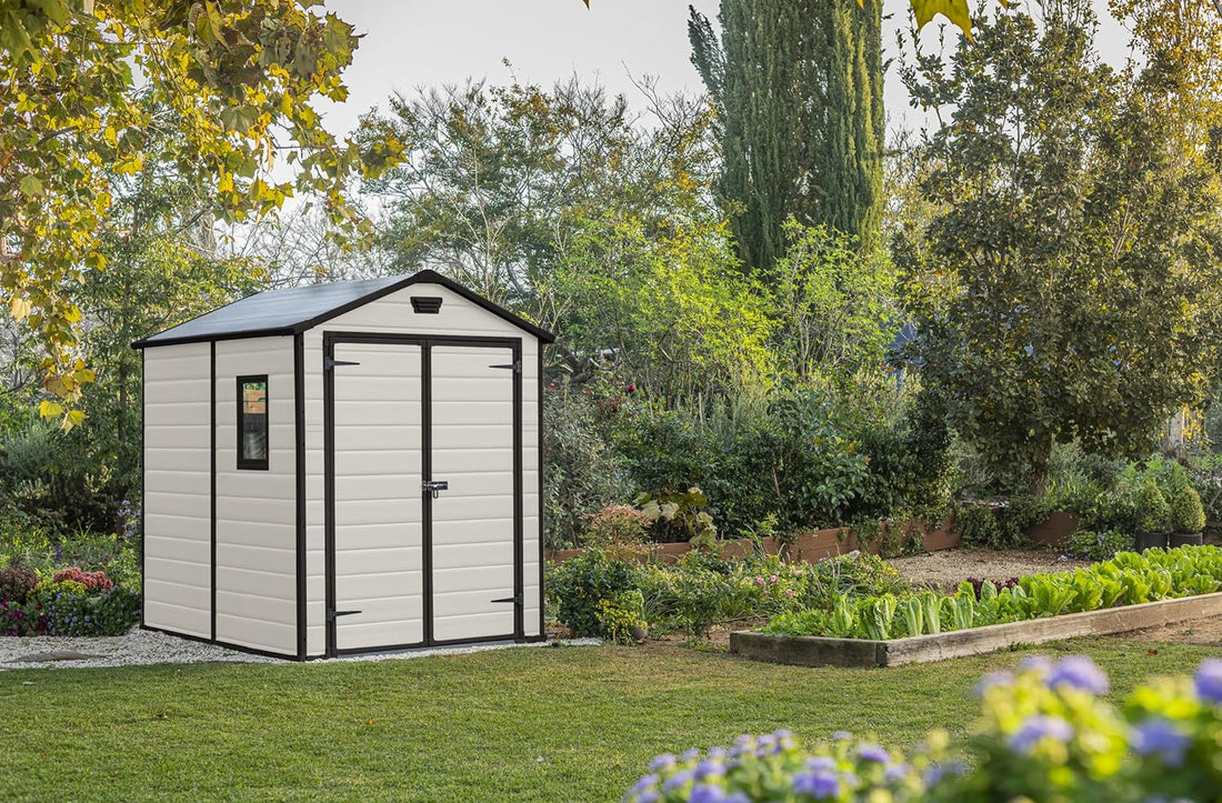 Keter Manor Outdoor Apex Double Door Garden Storage Shed 6 x 5ft Beige Brown Wood effect | Fade Free | All Weather Resistant | Safe and Secure | Zero Maintenance | 15 year Warranty