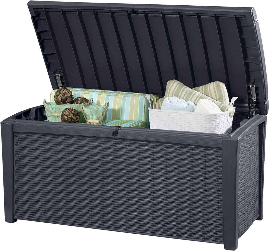 Keter Borneo 416L Outdoor 60% recycled Garden Furniture Storage Box Grey Rattan Effect | Fade Free | All Weather Resistant | Safe and Secure | Zero Maintenance | 2 year Warranty