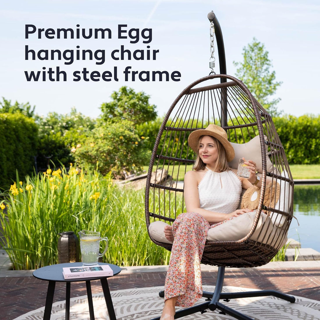 Vita5 Egg Chair with Frame – Egg Chair Outdoor Polyrattan with Cushion – Hanging Chair Outdoor and Indoor (for Adults and Children) – Foldable Hammock Chair – Maximum Load 150kg – Beige