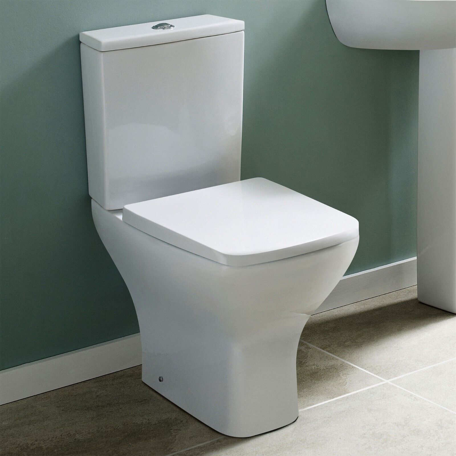 Modern Bathroom Rimless Close Coupled Toilet & Soft Close Seat White Square Pan