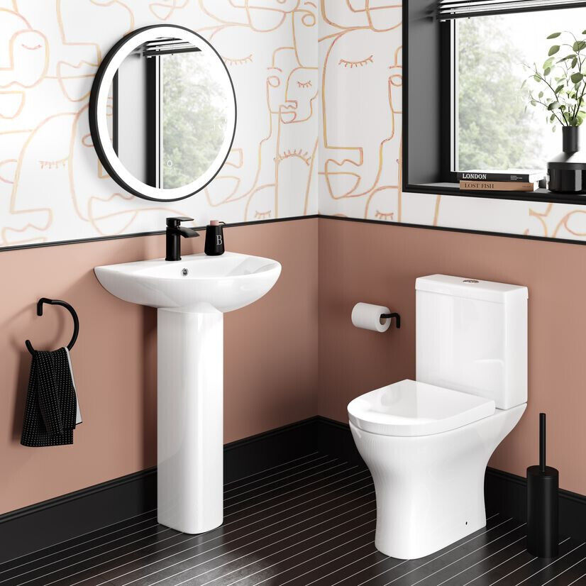 Rimless Short Projection Close Coupled Toilet Ceramic Pan, Cistern & Seat