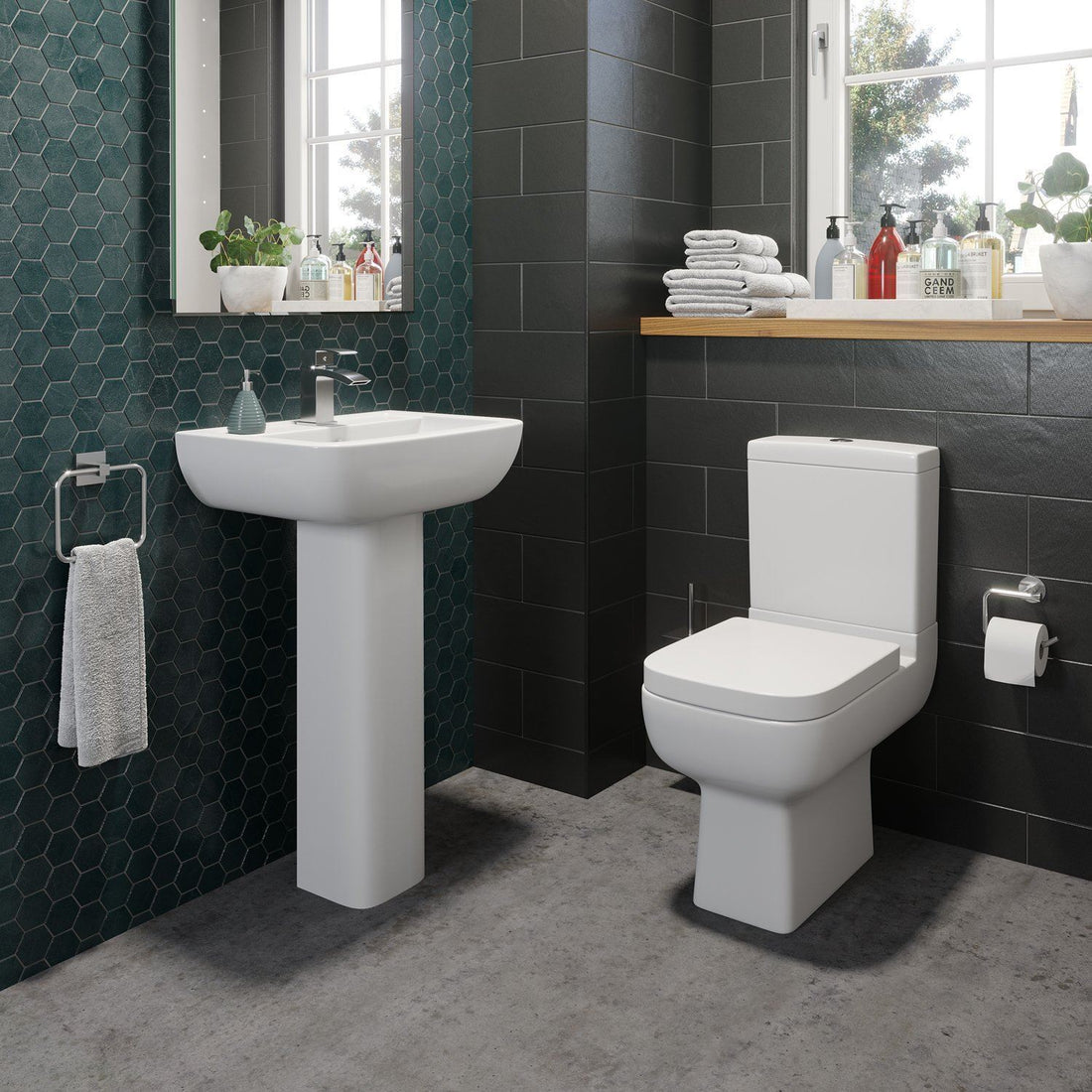 Close Coupled Toilet Bathroom WC Modern White Square Ceramic Soft Close Seat Pan