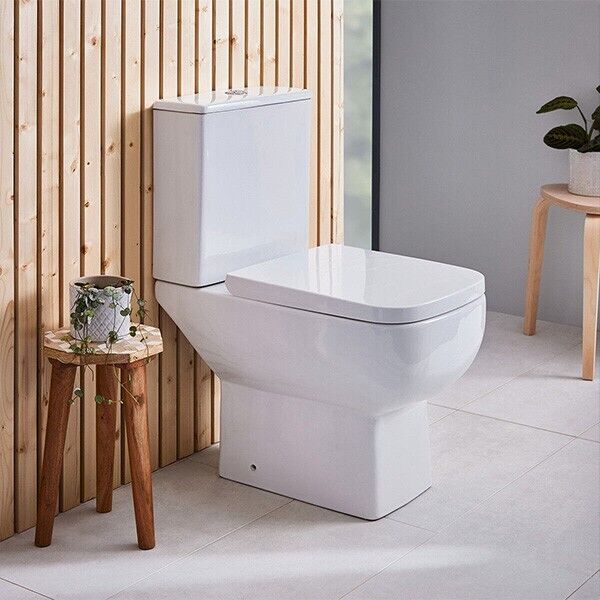 Rimless Square Close Coupled Toilet Pan, Cistern & Heavy Duty Soft Closing Seat