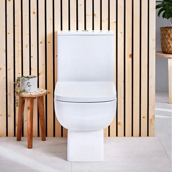 Rimless Square Close Coupled Toilet Pan, Cistern & Heavy Duty Soft Closing Seat