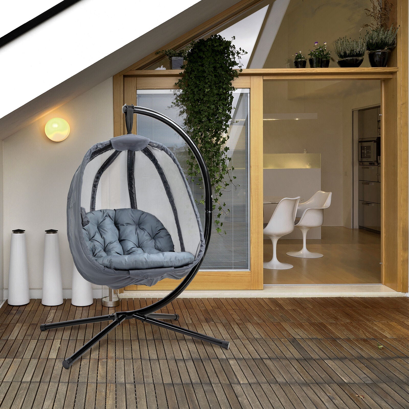 Hanging Egg Chair, Folding Texteline Swing Hammock with Side Pocket, Patio Garden Furniture, Grey